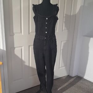 Almost Famous Black Denim Ruffle-Strap Overalls